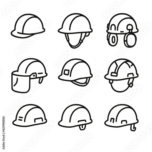 Construction Helmet Icons. Outline icon set of construction safety helmets: hard hat, chin strap, ear defender attachment, face
