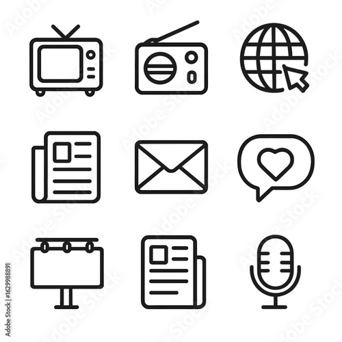 Communication Icons Grid. Outline icon set of communication mediums: television, radio, internet, print media, email, social media