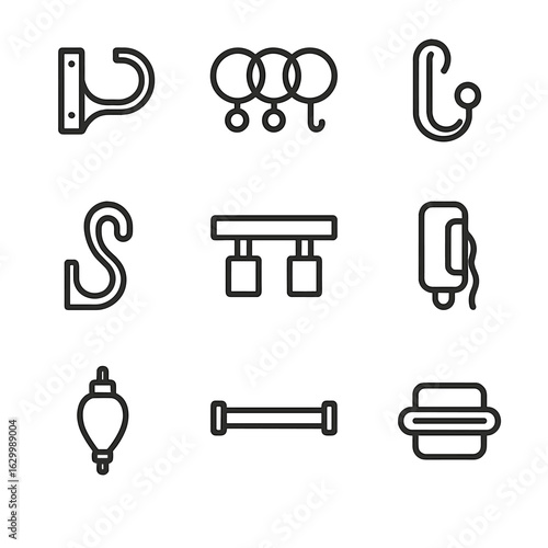 Outline Light Control Icons. Outline icon set of light control accessories: curtain rod bracket, curtain rings, tieback hook,