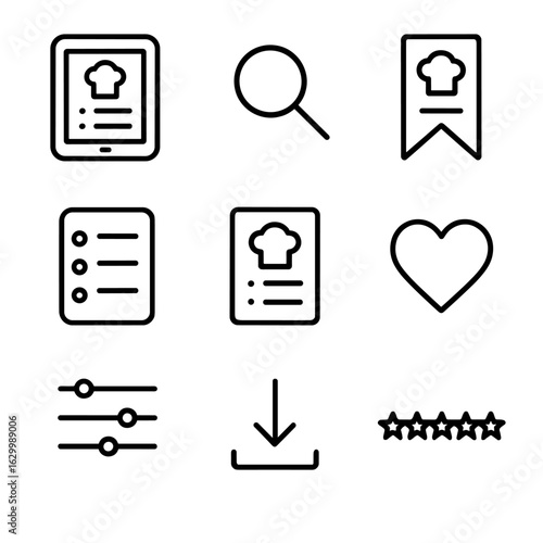 Digital Recipe Icons. Outline icon set of digital recipe browsing: tablet with recipe page, search magnifier, bookmarked recipe,