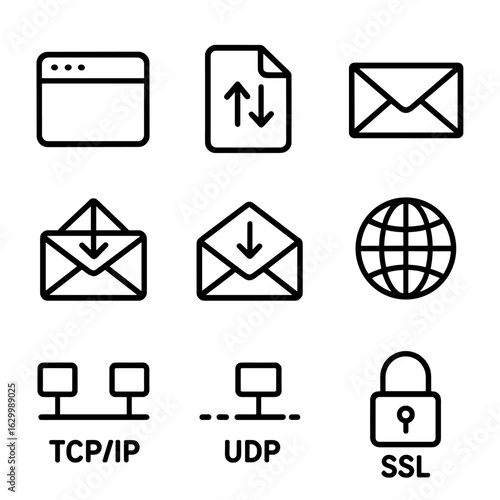 Communication Protocol Icons. Outline icon set of communication protocols: HTTP, FTP, SMTP, POP3, IMAP, DNS, TCP/IP, UDP, SSL.