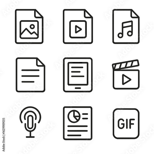 Digital Media Icons. Outline icon set of digital content types: image file, video file, audio file, document file, ebook,