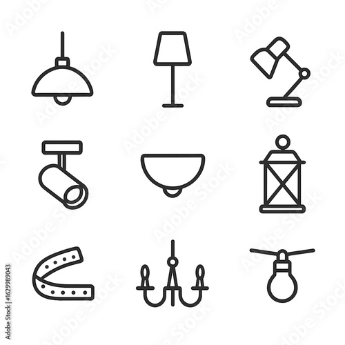Lighting Fixture Icons. Outline icon set of artificial lighting fixtures: pendant lamp, floor lamp silhouette, desk lamp outline,