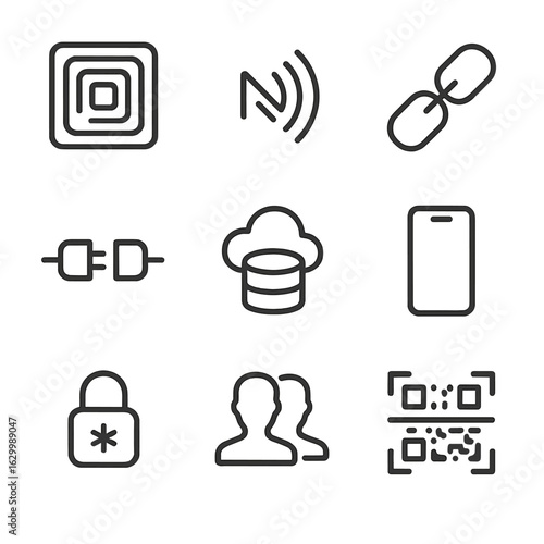 Digital Technology Icons. Outline icon set of digital integration technologies: RFID chip, NFC symbol, blockchain chain links, API