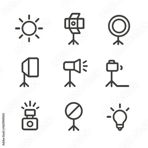 Photo Lighting Icons. Outline icon set of photo lighting: natural light, studio light, ring light, softbox, spotlight, backlight,