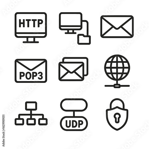 Communication Protocol Icons. Outline icon set of communication protocols: HTTP, FTP, SMTP, POP3, IMAP, DNS, TCP/IP, UDP, SSL.