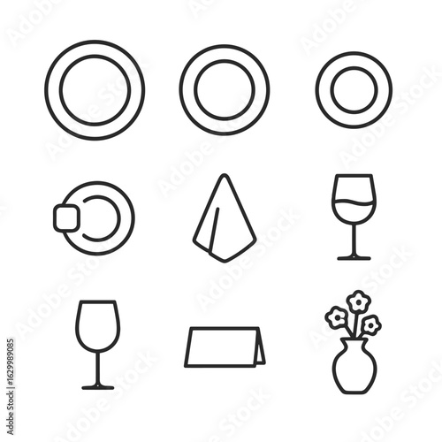 Dining Icons Grid. Outline icon set of fine dining place setting: charger plate, dinner plate, salad plate, bread plate, napkin