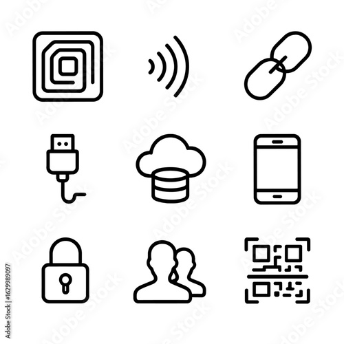 Digital Technology Icons. Outline icon set of digital integration technologies: RFID chip, NFC symbol, blockchain chain links, API