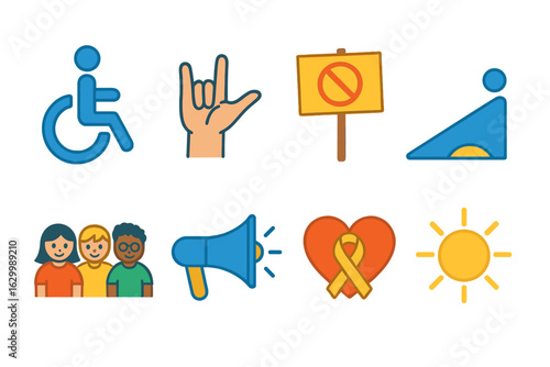 Disability Rights Icons. Flat vector mini-illustrations disability rights awareness in colors children's illustrations: wheelchair