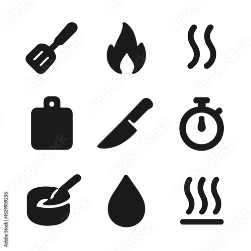 Cooking Process Icons. Solid, filled icon set of cooking process: spatula, flame, sizzling sound waves, chopping board, knife,