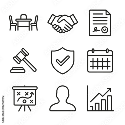 Dispute Resolution Icons. Outline icon set of dispute resolution planning: mediation table, negotiation handshake, settlement