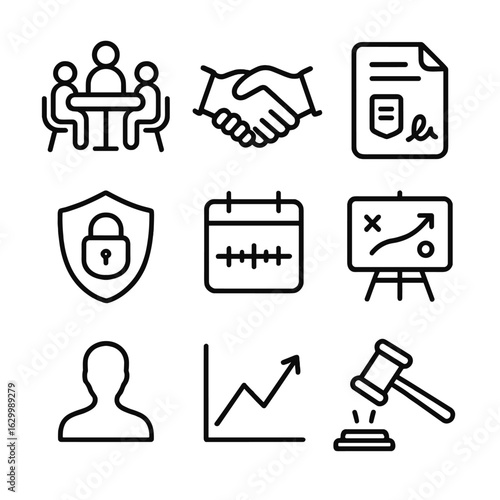 Dispute Resolution Icons. Outline icon set of dispute resolution planning: mediation table, negotiation handshake, settlement