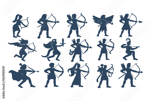 Collection of archer silhouettes in various poses. Vector illustration set of mythological hunters and warriors isolated on a white background.