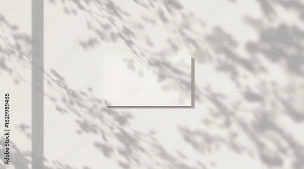 Obraz premium Empty white horizontal rectangle poster mockup with soft hawthorn leaves shadows on neutral light grey concrete wall background. Flat lay, top view 3D illustration