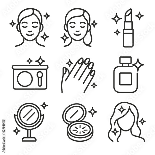 Cosmetic Shine Icons. Outline icon set of shine in cosmetics: glowing skin, radiant face, shining lipstick, sparkling eyeshadow,