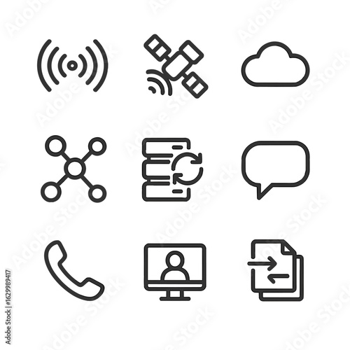 Communication Icon Set. Outline icon set of UTC communication: radio waves, satellite link, internet cloud, network nodes, server