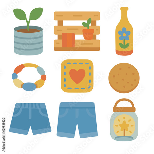 DIY Upcycling Illustrations. Flat vector mini-illustrations upcycling and DIY projects in colors children's illustrations: tin can