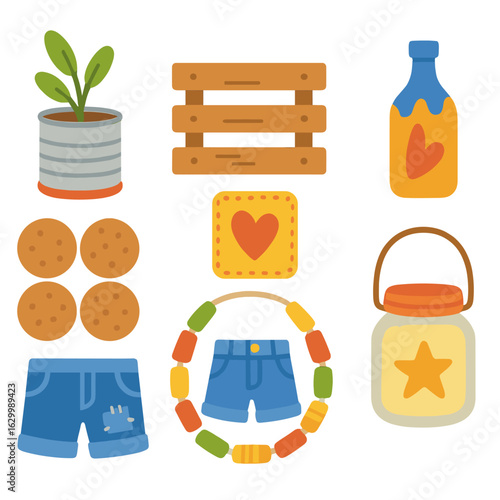 DIY Upcycling Illustrations. Flat vector mini-illustrations upcycling and DIY projects in colors children's illustrations: tin can
