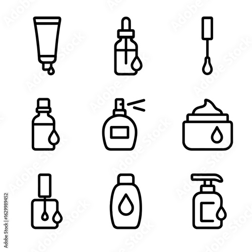 Cosmetic Drip Icons. Outline icon set of drip in cosmetics: liquid foundation, serum drop, lip gloss drip, essential oil drop,