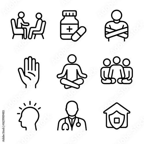 Madness Remedies Icons. Outline icon set of madness remedies: therapy, medicine, restraint, calm hand, meditation, support group,