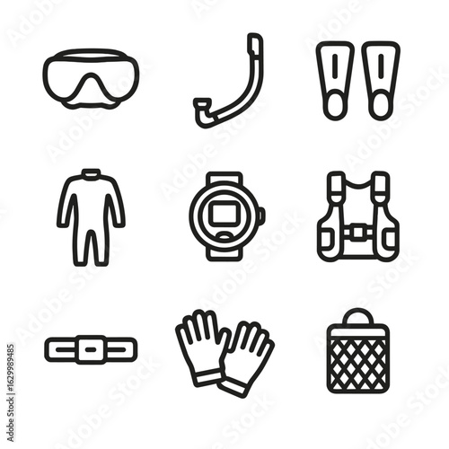 Diving Gear Icons. Outline icon set of snorkeling and diving gear: dive mask, snorkel tube, swim fins, wetsuit, dive computer,