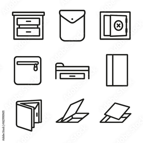 Concealed Compartment Icons. Outline icon set of concealed compartments: false drawer, secret pouch, hidden safe, back zipper,