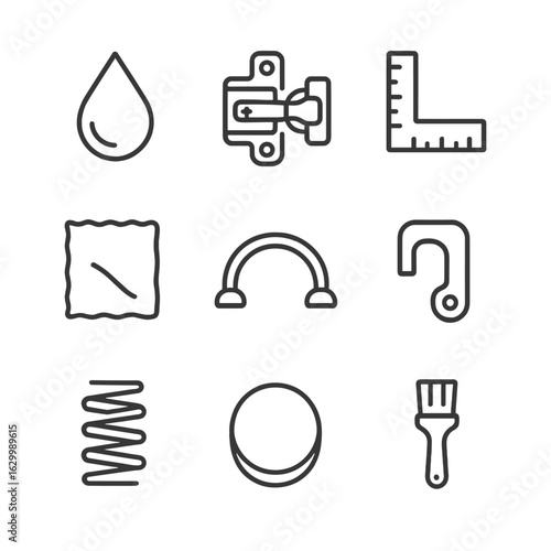 Drawer Tool Icons. Outline icon set of drawer maintenance tools: oil drop, hinge adjustment screw, alignment ruler, cleaning cloth
