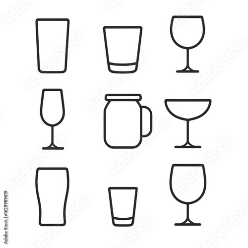 Drinking Glass Icon Set. Outline icon set of drinking glass varieties: highball glass, tumbler glass, stemmed wine glass,