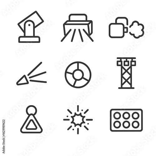 Concert Lighting Icons. Outline icon set of concert lighting: moving head, strobe light, fog machine, laser beam, color wheel,
