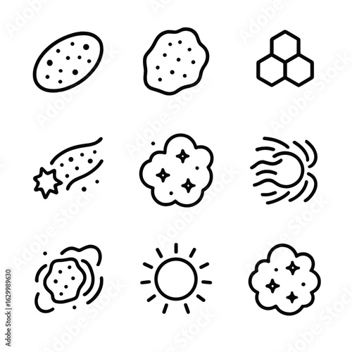 Cosmic Dust Icons. Outline icon set of cosmic dust particles: interstellar dust grain, silicate speck, carbon cluster, dust trail,