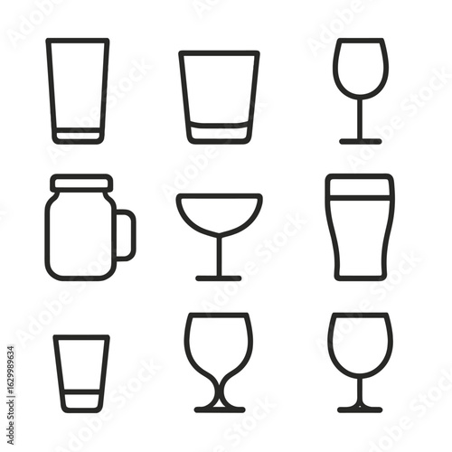 Drinking Glass Icon Set. Outline icon set of drinking glass varieties: highball glass, tumbler glass, stemmed wine glass,