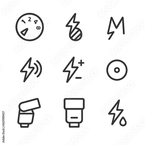 Manual Flash Icons. Outline icon set of manual flash settings: flash power dial, sync speed icon, manual flash mode, wireless