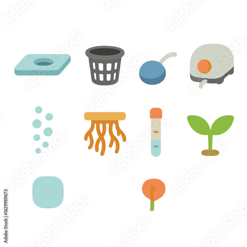 DWC Hydroponics Icons. Flat vector mini-illustrations deep water culture (DWC) setups in colors children's illustrations: floating