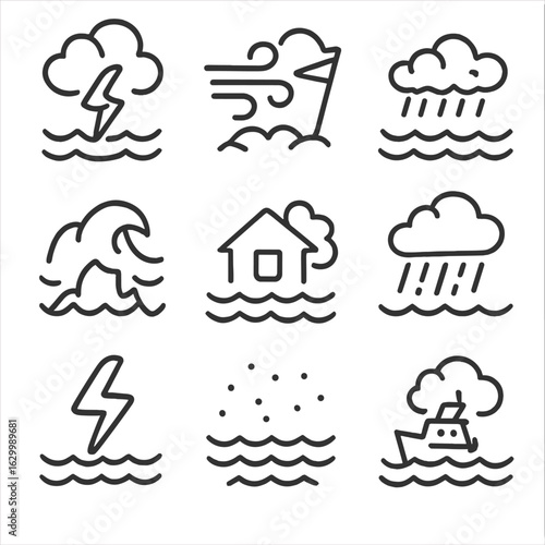 Marine Storm Icons. Outline icon set of marine storms: thunderstorm at sea, gale force winds, sea foam, waves breaking on rocks,
