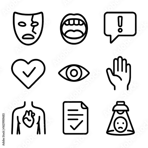 Confession Icon Set. Outline icon set of confession and honesty: broken mask, open mouth, speech bubble with exclamation, heart