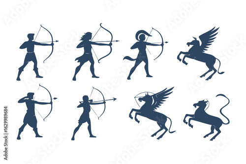 Collection of archer silhouettes in various poses. Vector illustration set of mythological hunters and warriors isolated on a white background.