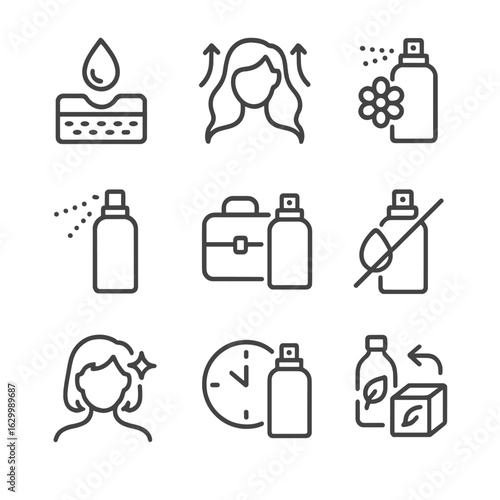 Dry Shampoo Icon Set. Outline icon set of dry shampoo benefits and features: oil absorption, volume boost, fragrance burst, quick