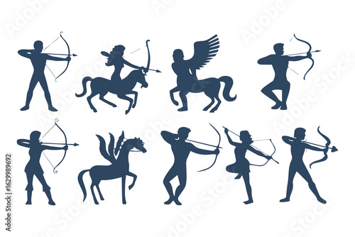 Collection of archer silhouettes in various poses. Vector illustration set of mythological hunters and warriors isolated on a white background.