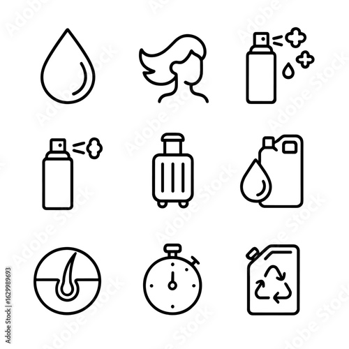 Dry Shampoo Icon Set. Outline icon set of dry shampoo benefits and features: oil absorption, volume boost, fragrance burst, quick