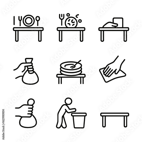 Meal Cleanup Icons. Outline icon set of cleanup sequence: before meal table, during meal mess, end of meal, napkin drop, stacking