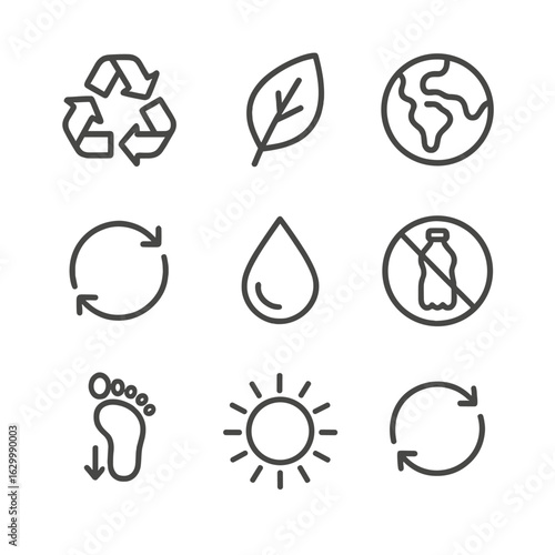 Eco Icon Set. Outline icon set of sustainability and eco benefits: recycling symbol, leaf emblem, earth globe, zero waste badge,