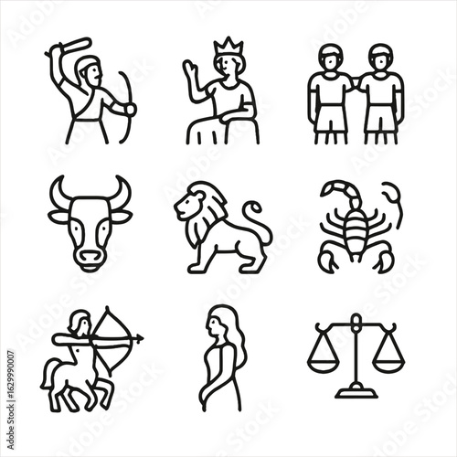 Constellation Icon Set. Outline icon set of constellation myths: hunter, queen, twins, bull, lion, scorpion, archer, maiden,