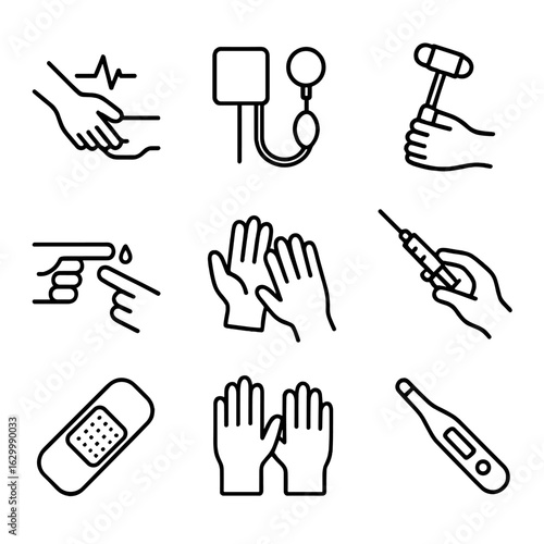 Medical Icon Set. Outline icon set of medical touch: pulse check, blood pressure cuff, reflex hammer, skin prick, hand examination