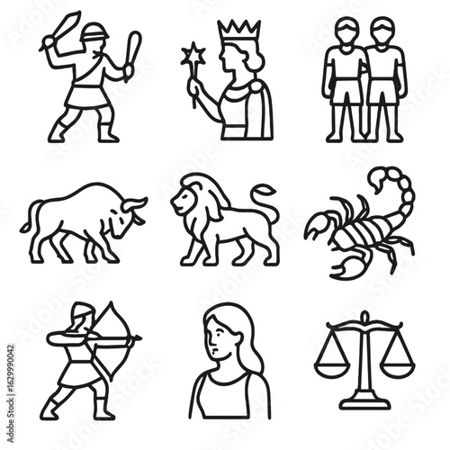 Constellation Icon Set. Outline icon set of constellation myths: hunter, queen, twins, bull, lion, scorpion, archer, maiden,