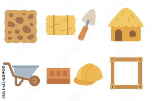 Eco Building Materials. Flat vector mini-illustrations natural building with earth materials in colors children's illustrations: