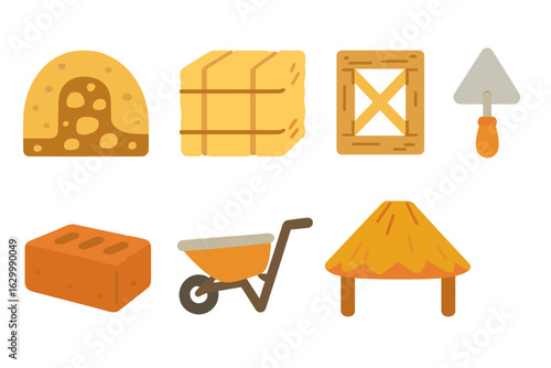 Eco Building Materials. Flat vector mini-illustrations natural building with earth materials in colors children's illustrations: