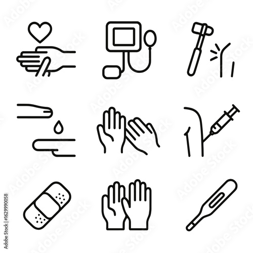 Medical Icon Set. Outline icon set of medical touch: pulse check, blood pressure cuff, reflex hammer, skin prick, hand examination