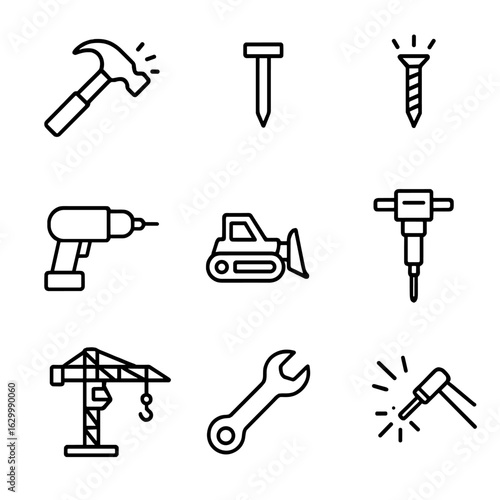 Construction Icons Set. Outline icon set of bang in construction: hammer, nail, screw, power drill, bulldozer, jackhammer, crane,
