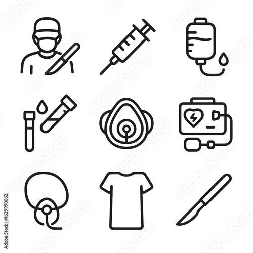Medical Icon Set. Outline icon set of medical procedures: surgery, injection, IV drip, blood test, CPR mask, defibrillator shock,