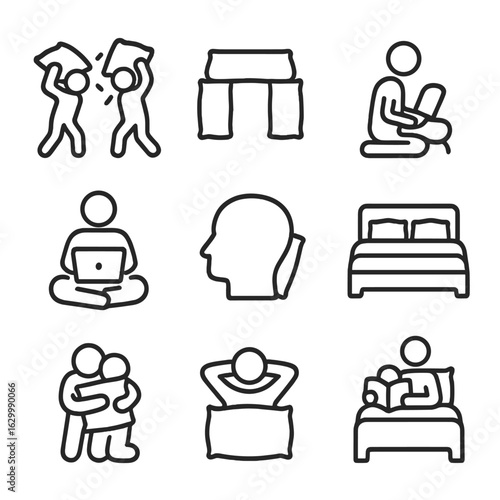 Cozy Pillow Icons. Outline icon set of pillow play and comfort: pillow fight motion, fortress of pillows, reading with pillow,